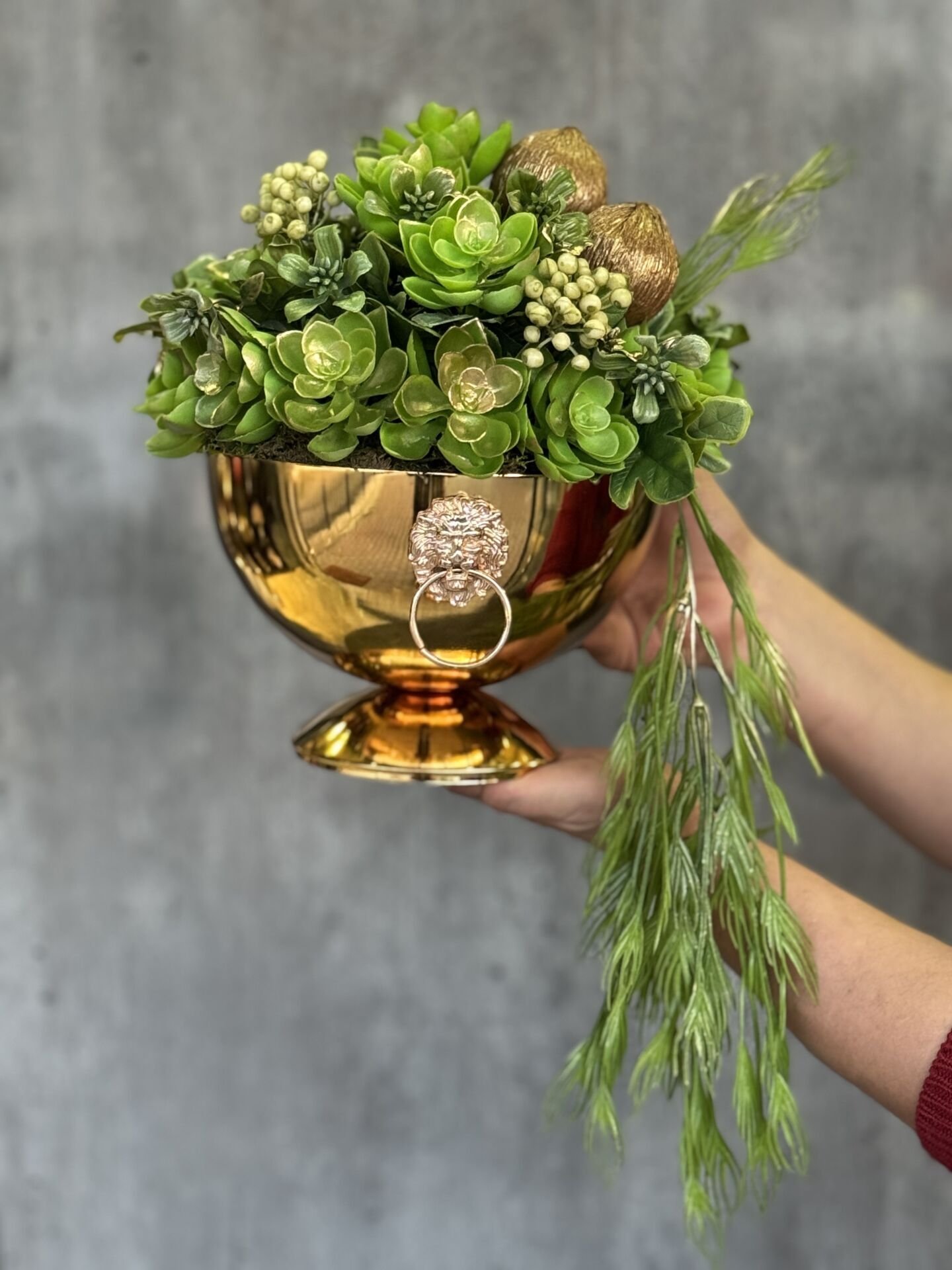 Yapay Çiçekli Armalı Gold Vazo