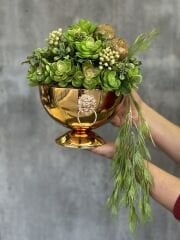 Yapay Çiçekli Armalı Gold Vazo