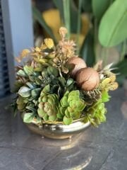 Yapay Çiçek Tanzimli Küçük Yassı Vazo Gold