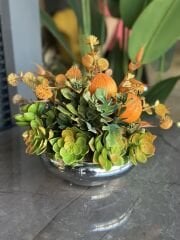 Yapay Çiçek Tanzimli Küçük Yassı Vazo Gümüş