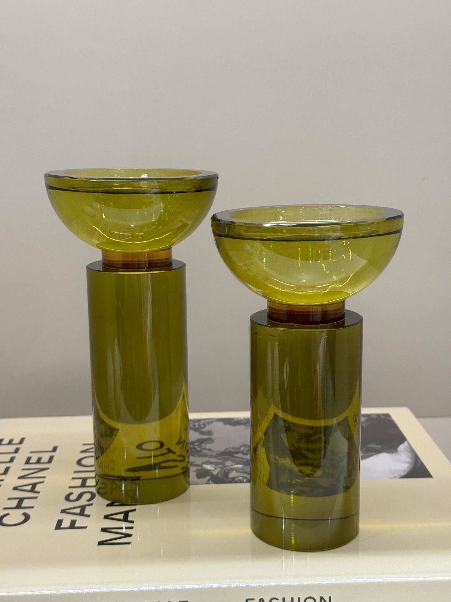 İkili Kristal İthal Mumluk Set - Haki Yeşil