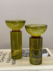 İkili Kristal İthal Mumluk Set - Haki Yeşil