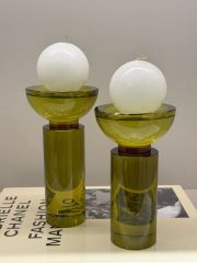 İkili Kristal İthal Mumluk Set - Haki Yeşil