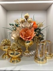 Yapay Çiçekli Gold Yuvarlak Vazo 5 Parça Set No:10