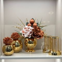 Yapay Çiçekli Gold Mercan Vazo 5 Parça Set No:3