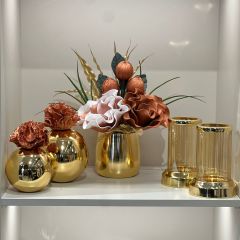 Yapay Çiçekli Gold Bardak Vazo 5 Parça Set No:6
