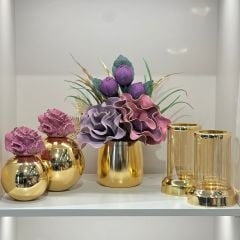 Yapay Çiçekli Gold Bardak Vazo 5 Parça Set No:7