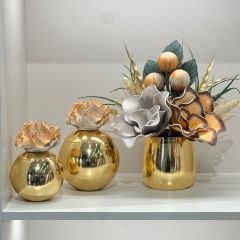 Yapay Çiçekli Gold Bardak Vazo 3 Parça Set No:6