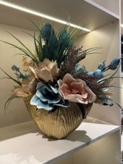 İthal Yapay Çiçek Tanzimli Döküm Vazo Gold