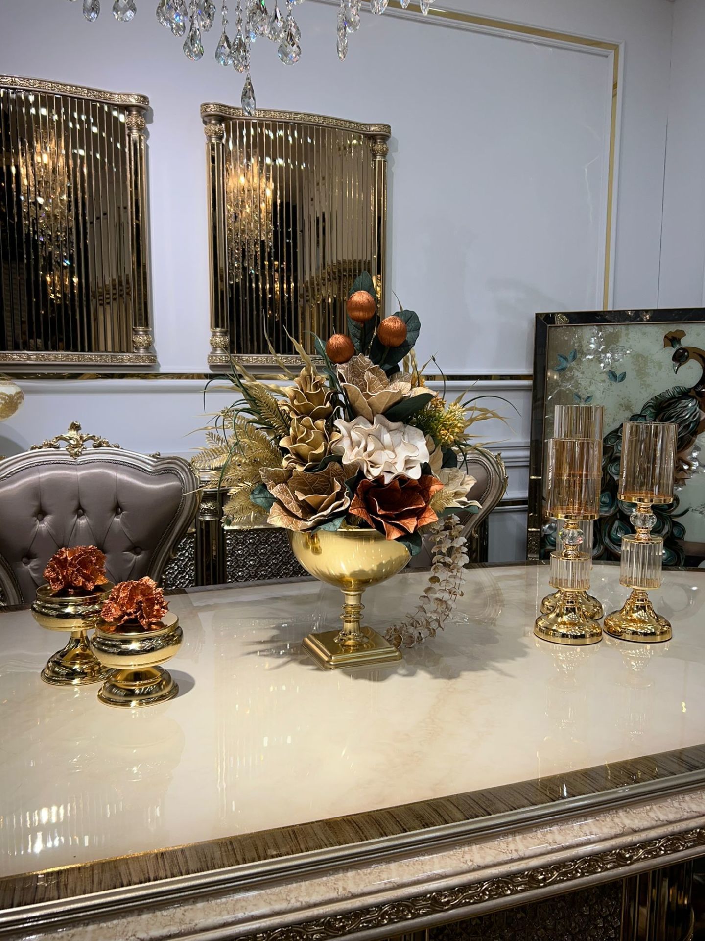 Yapay Çiçekli Gold Kare Ayak Vazo 5 Parça Set No:11