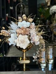 Yapay Çiçekli Gold Kare Ayak Vazo 3 Parça Set No:17