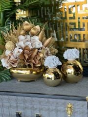 Yapay Çiçekli Gold Yassı Vazo 3 Parça Set No:21