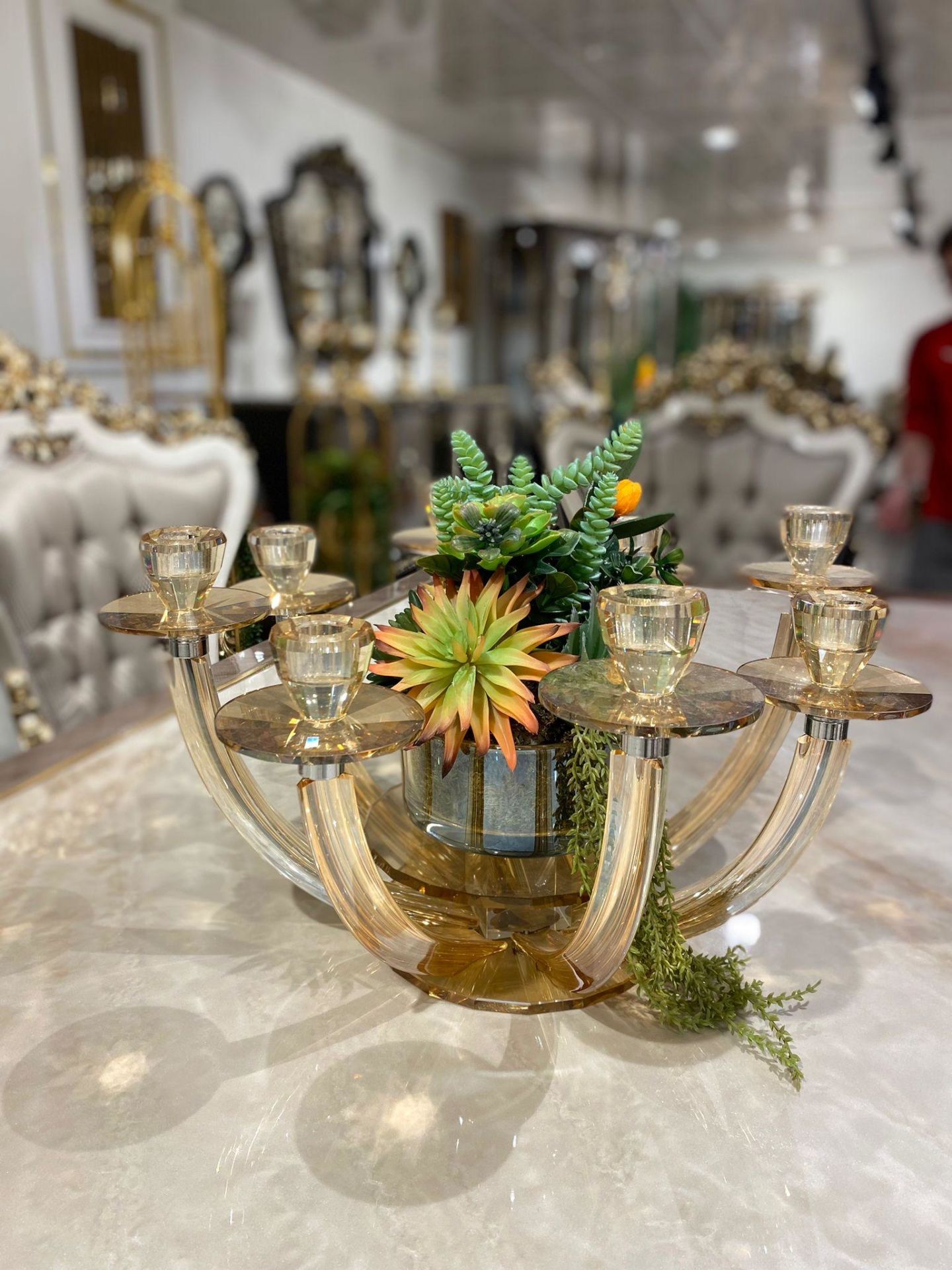 8 Kollu Bal Renk Kristal Şamdan & Çiçek Tanzimli Vazo No:4