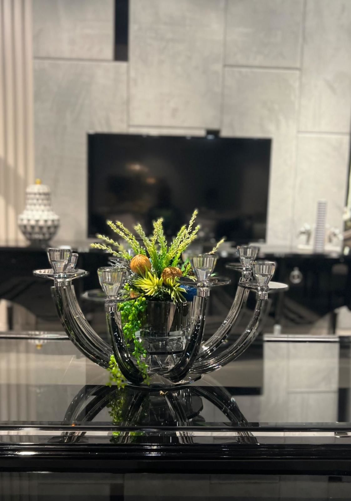 8 Kollu Füme Renk Kristal Şamdan & Çiçek Tanzimli Vazo No:3