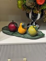 Dekoratif Polyester Meyve Seti – Yaprak Tepsili (3’lü Set)