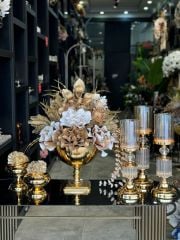 Yapay Çiçekli Gold Kare Ayak Vazo Şamdanlı Set No:5