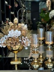 Yapay Çiçekli Gold Kare Ayak Vazo Şamdanlı Set No:11
