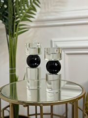 İkili Kristal İthal Mumluk Set Şeffaf Siyah