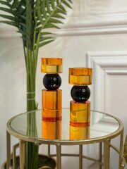 İkili Kristal İthal Mumluk Set Turuncu Siyah