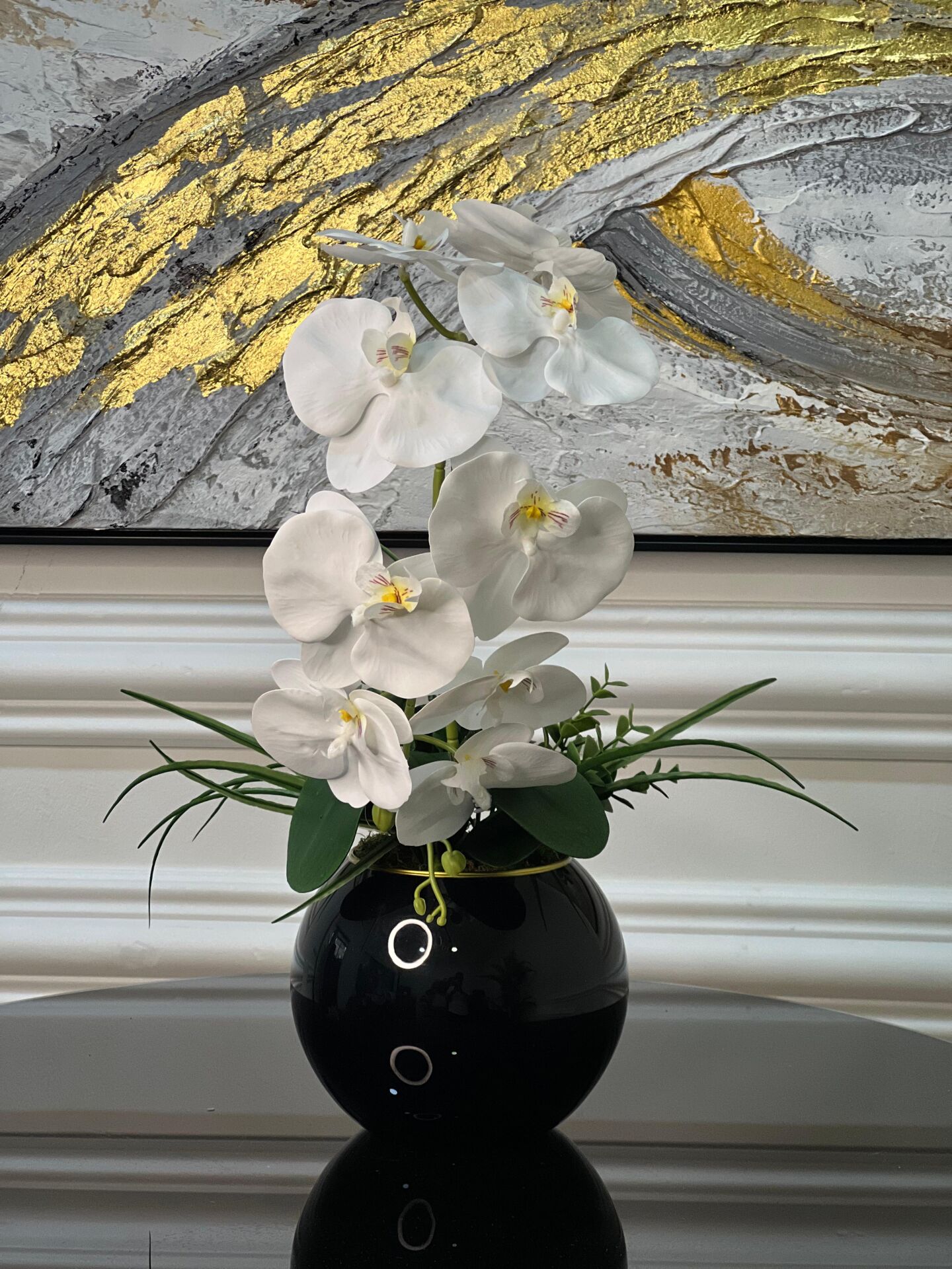 Yapay Orkideli Siyah Cam Vazo