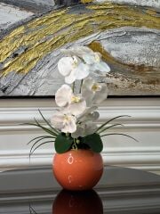 Yapay Orkideli Turuncu Cam Vazo