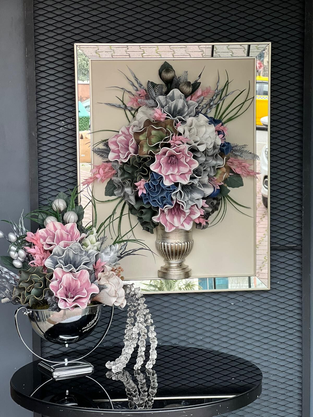 Lateks Çiçekli & Aynalı Gümüş Tablo No:36 (Sadece Tablo Fiyatıdır)