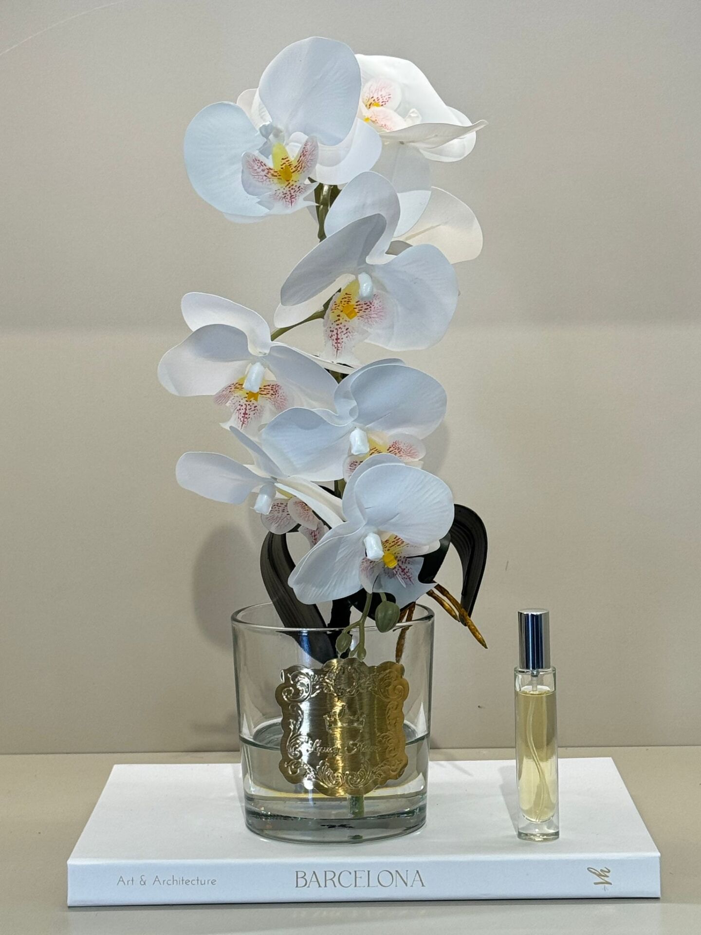 Tek Dal Yapay Orkideli Cam Vazo (gold plakalı)