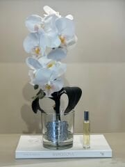 Tek Dal Yapay Orkideli Cam Vazo (gümüş plakalı)