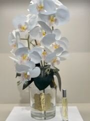 İki Dal Yapay Orkideli Cam Vazo (gold plakalı)