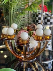 8 Kollu Amber Renk Kristal Şamdan & Çiçek Tanzimli Vazo