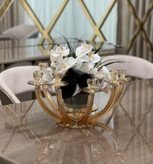 8 Kollu Bal Renk Kristal Şamdan & Orkide Tanzimli Vazo