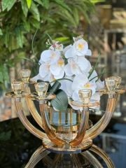 8 Kollu Bal Renk Kristal Şamdan & Orkide Tanzimli Vazo