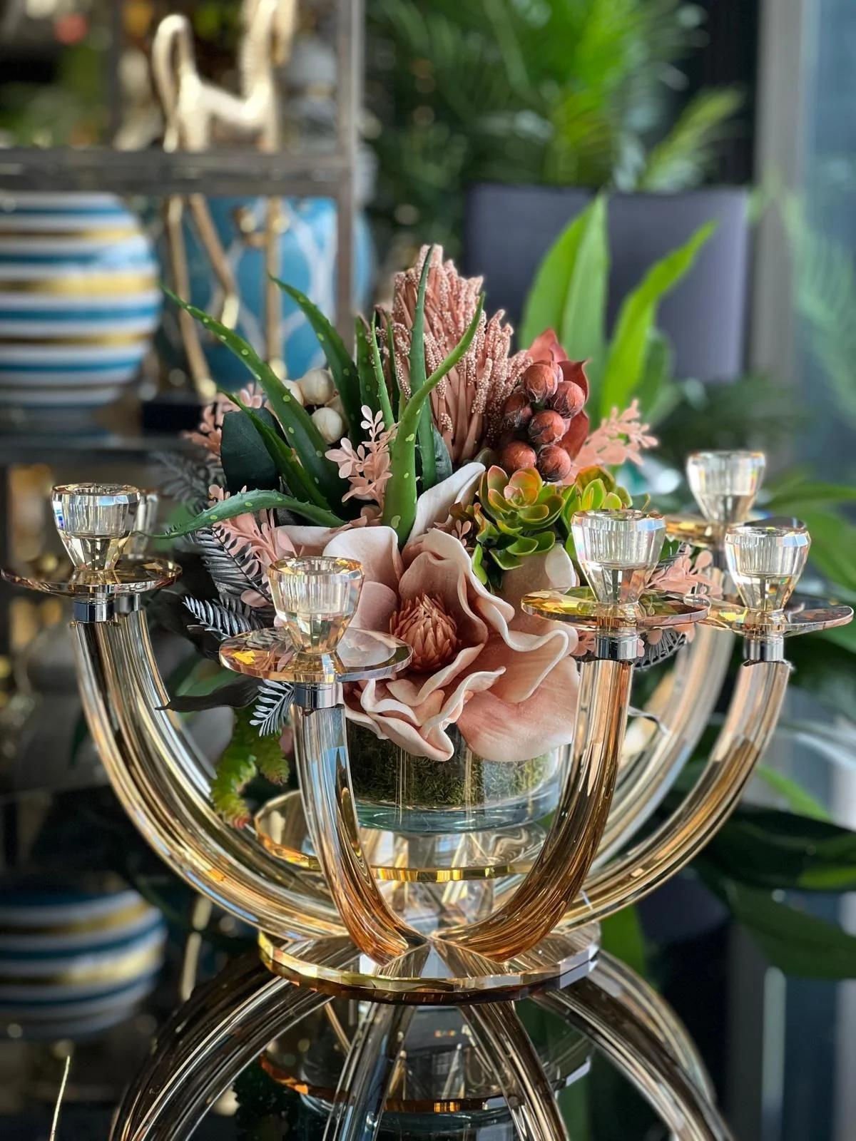 8 Kollu Bal Renk Kristal Şamdan & Çiçek Tanzimli Vazo No:1