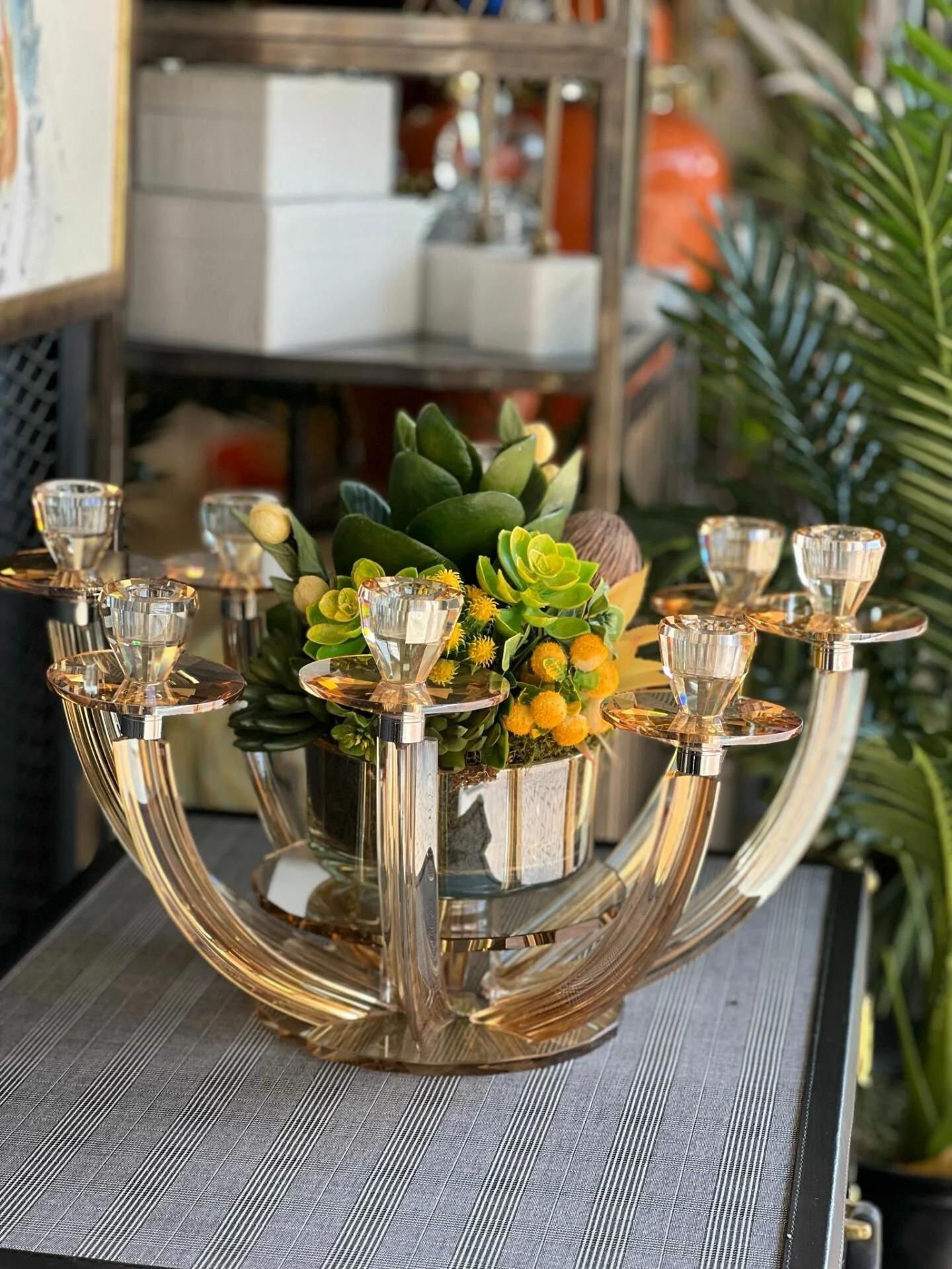 8 Kollu Bal Renk Kristal Şamdan & Çiçek Tanzimli Vazo No:2