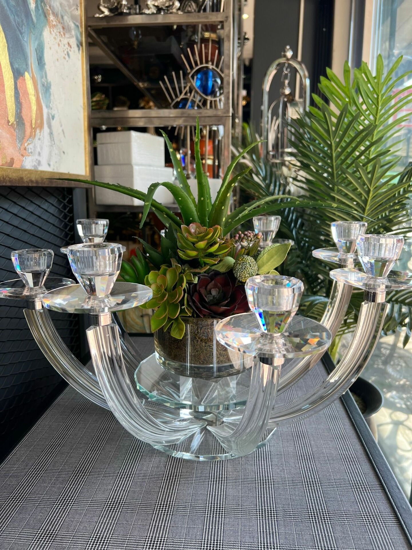 8 Kollu Şeffaf Renk Kristal Şamdan & Çiçek Tanzimli Vazo