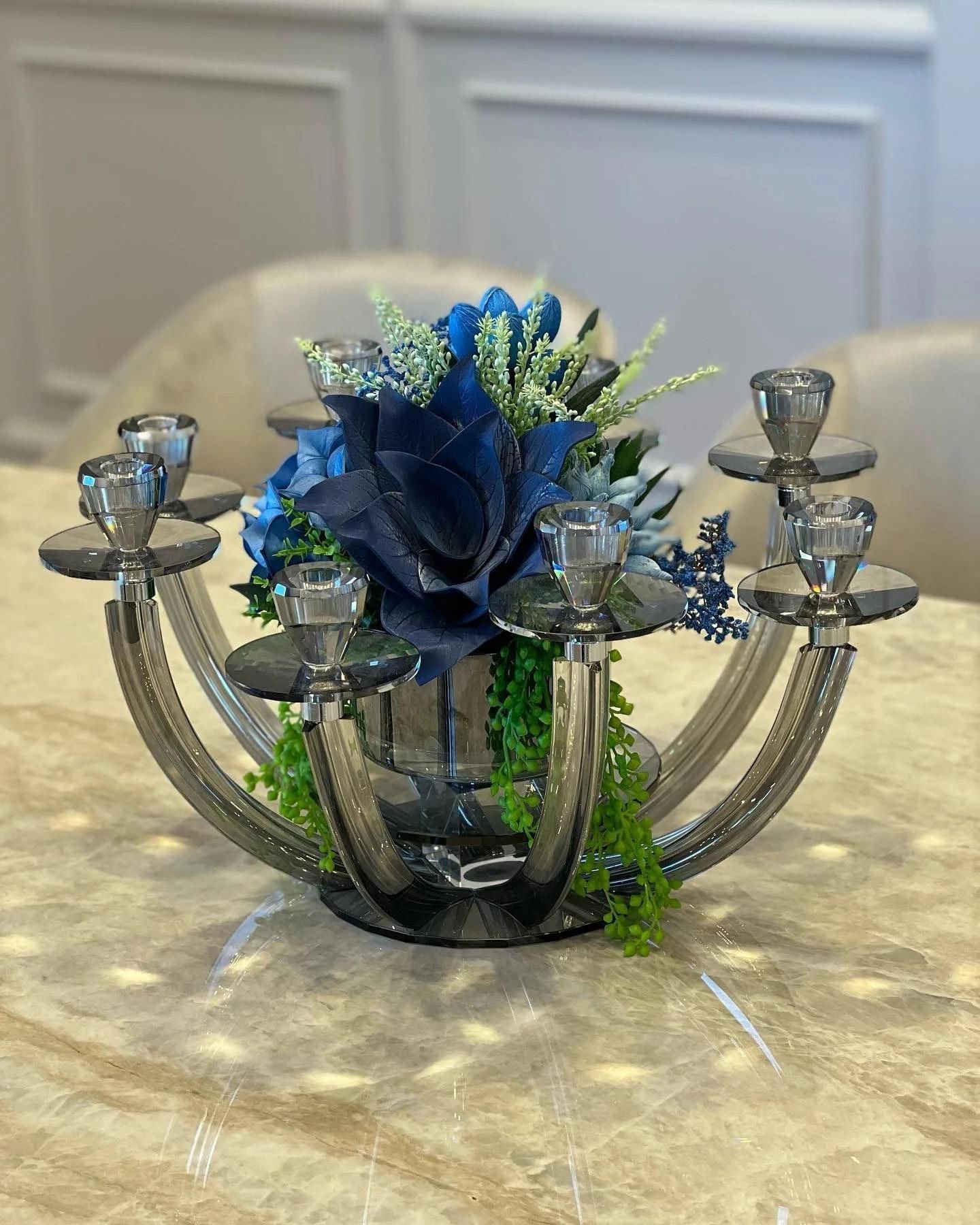 8 Kollu Füme Renk Kristal Şamdan & Çiçek Tanzimli Vazo No:1