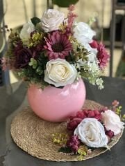 Pembe Cam Vazolu Yapay Çiçek ve Supla Set